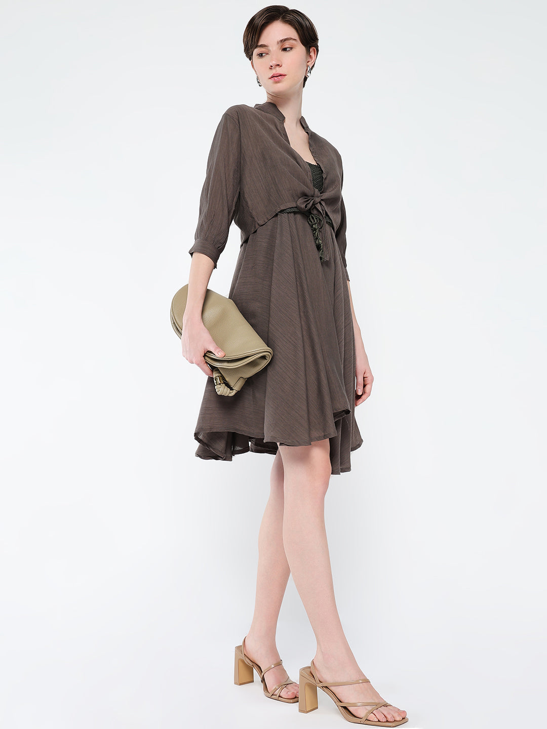 Women Solid Olive Fit and Flare Dress with Shrug