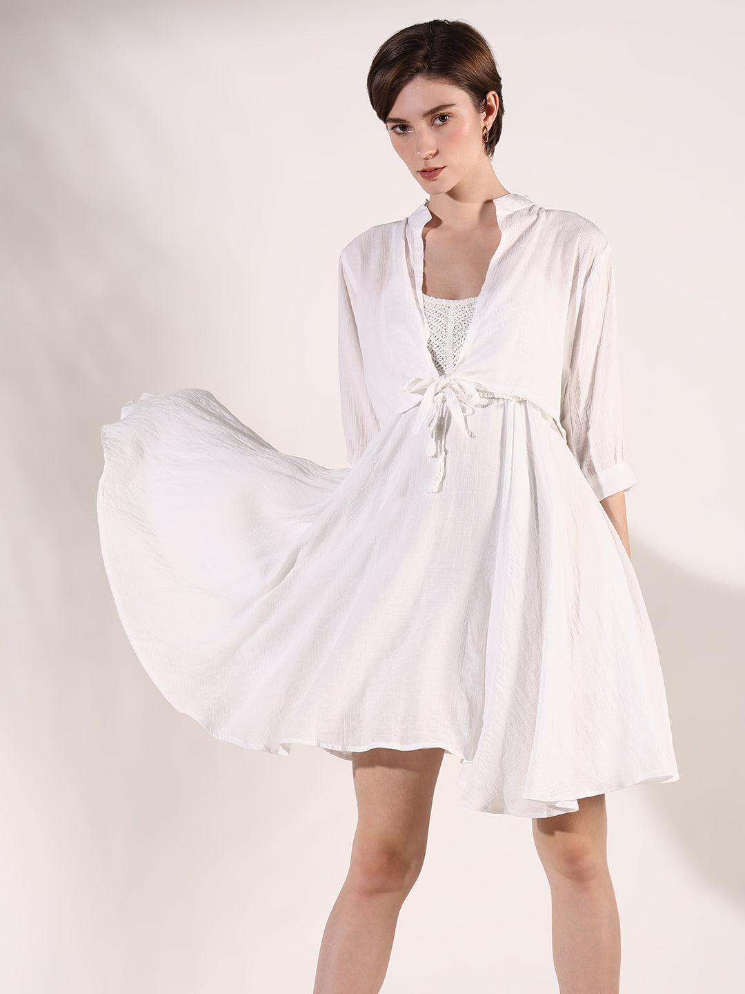 Women White Solid Fit and Flare Dress with Shrug