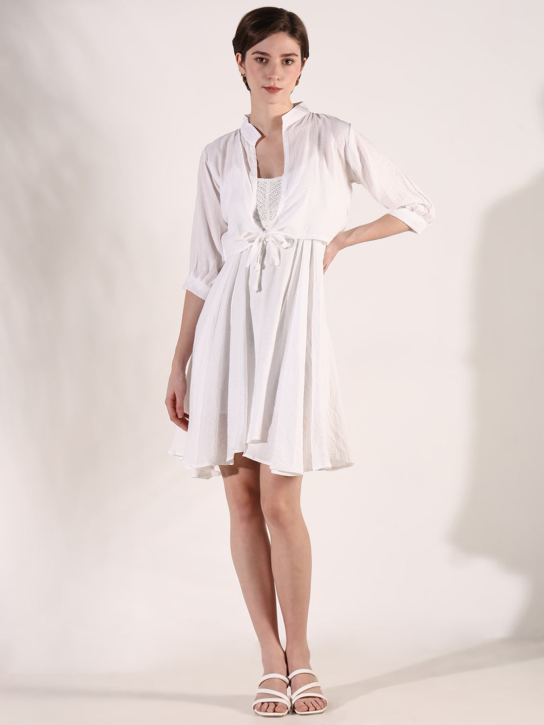 Women White Solid Fit and Flare Dress with Shrug