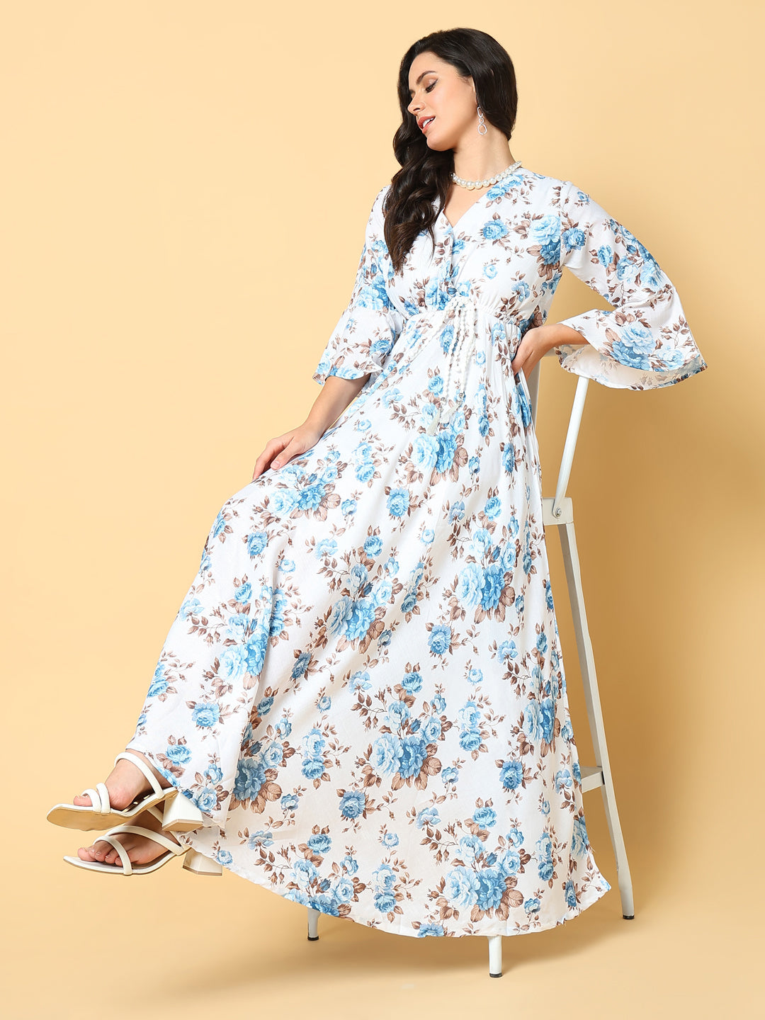 Women Printed Blue Fit and Flare Dress