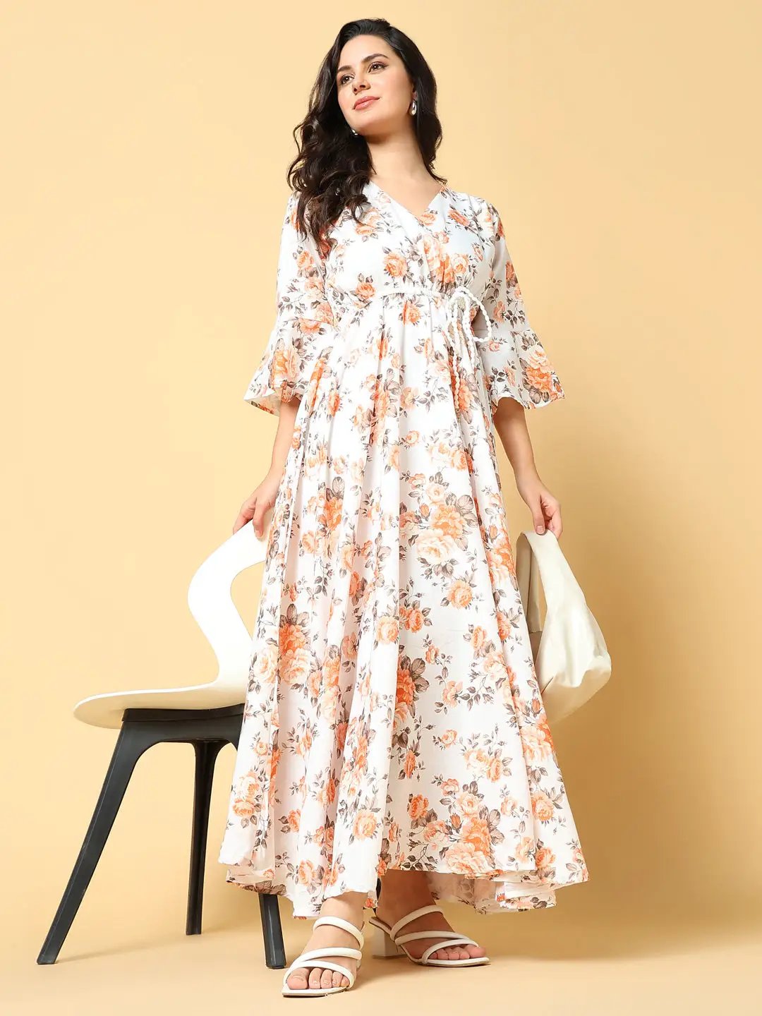 Shop Women's Orange Floral Print Bell Sleeve Fit & Flare Maxi Dress| Showoffff Shop Women's Orange Floral Print Bell Sleeve Fit & Flare Maxi Dress| Showoffff