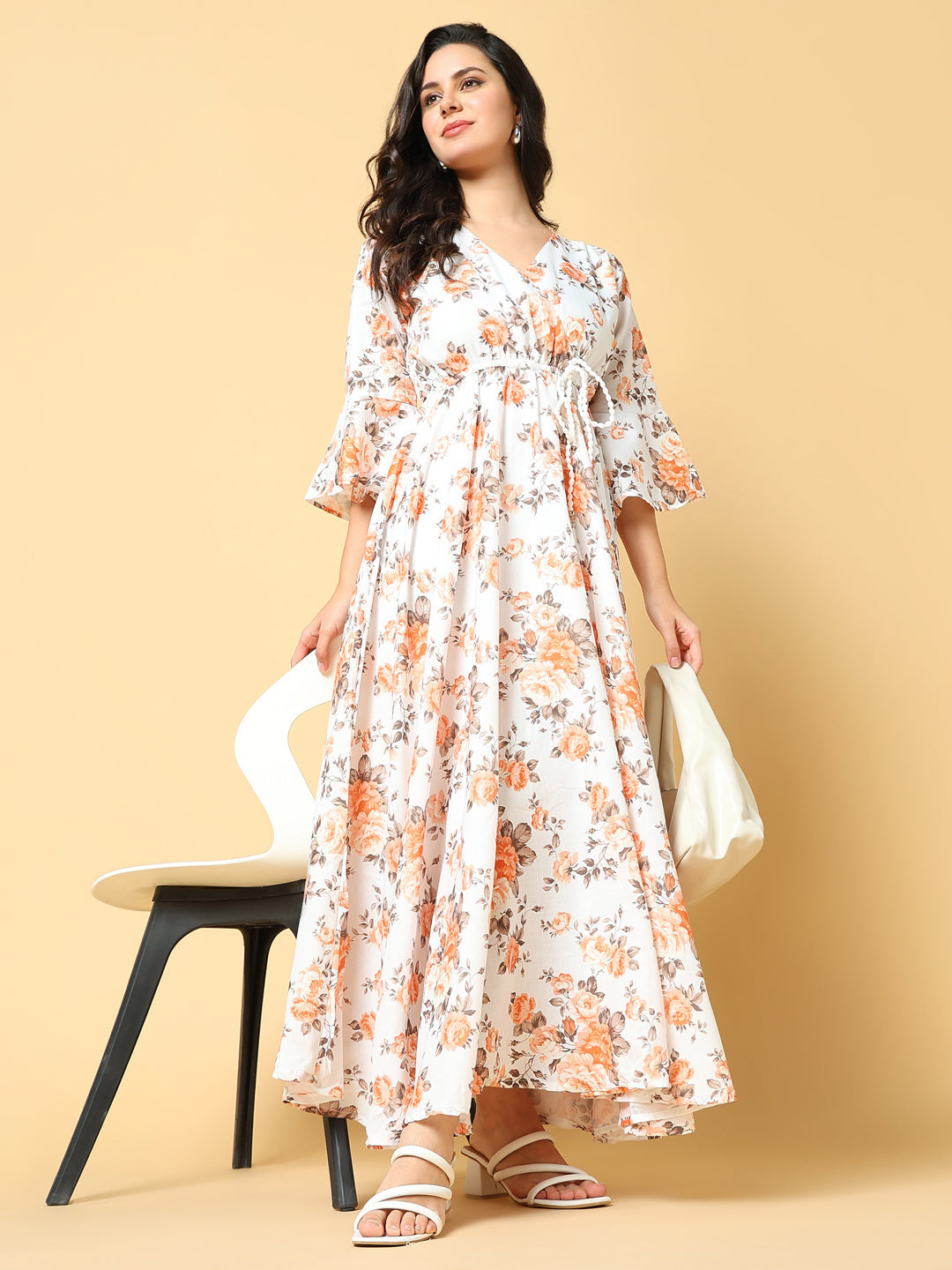 Women Printed Orange Fit and Flare Dress