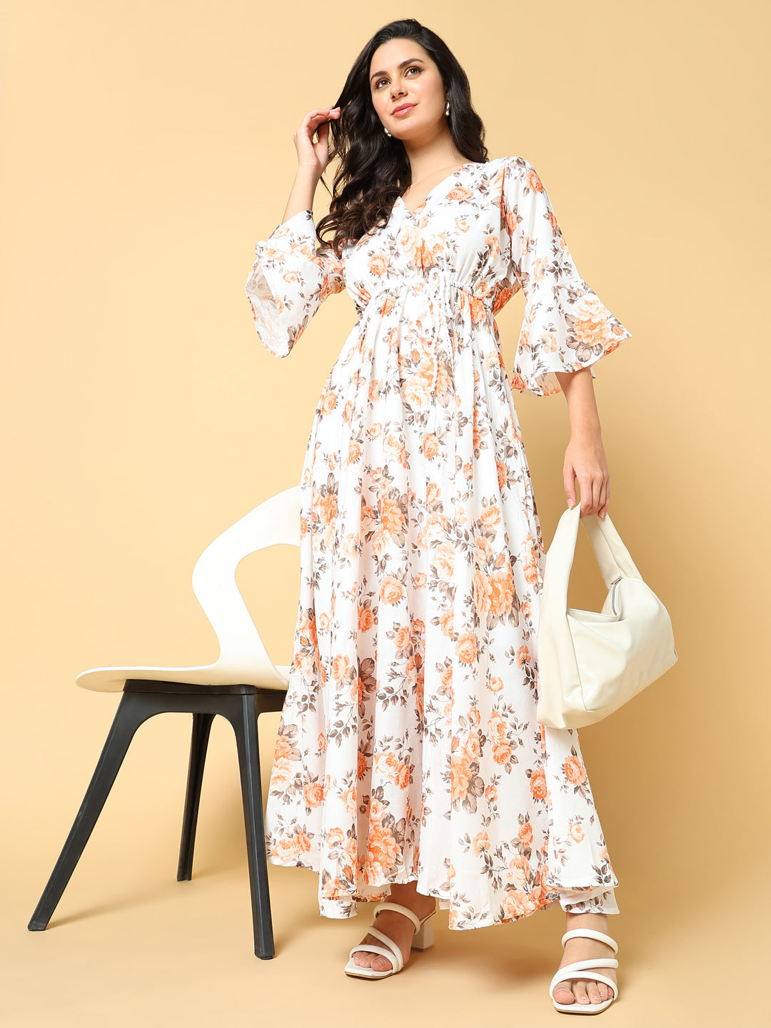 Women Printed Orange Fit and Flare Dress