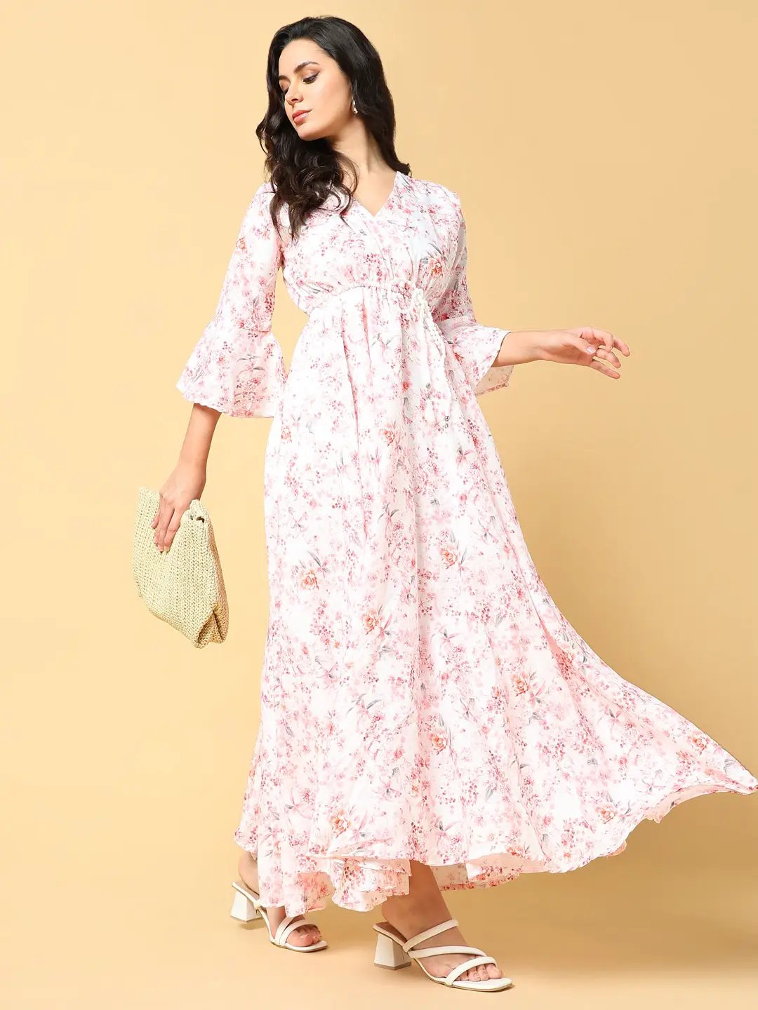 Shop Women's Peach Floral Print Bell Sleeve Fit & Flare Maxi Dress| Showoffff Shop Women's Peach Floral Print Bell Sleeve Fit & Flare Maxi Dress| Showoffff
