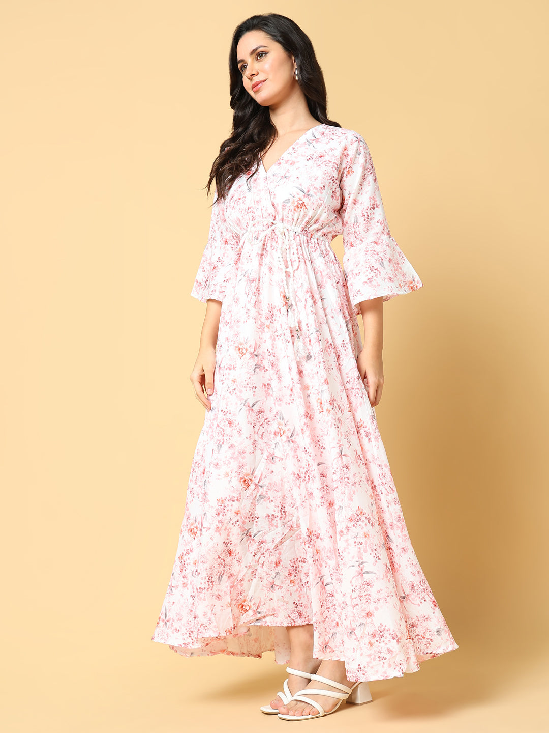 Women Printed Peach Fit and Flare Dress