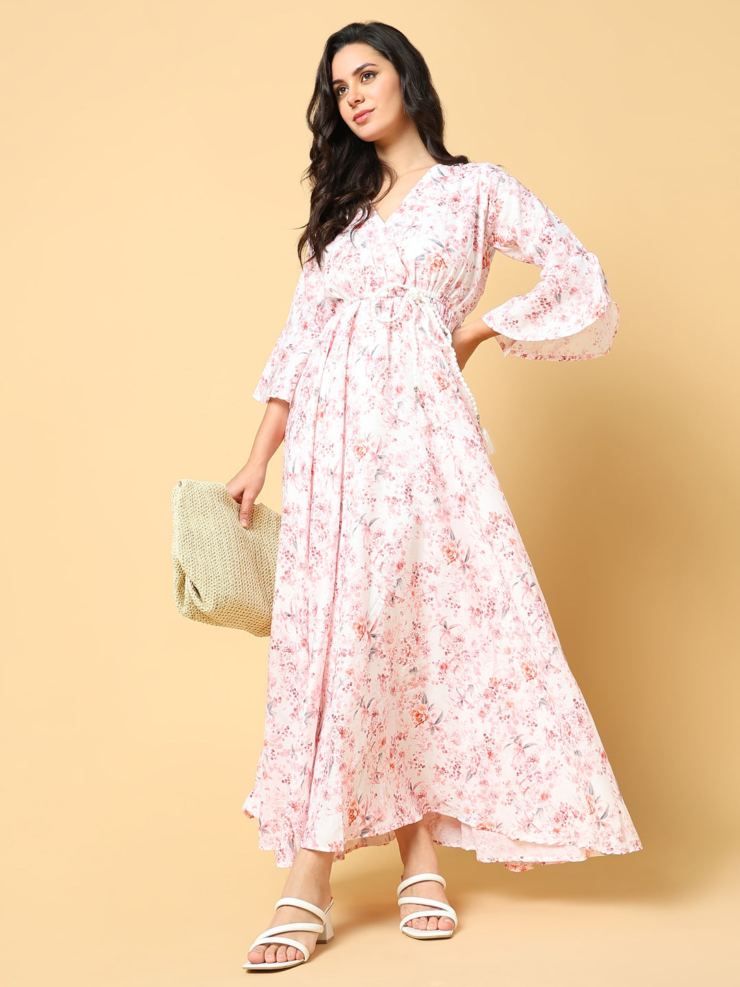 Women Printed Peach Fit and Flare Dress