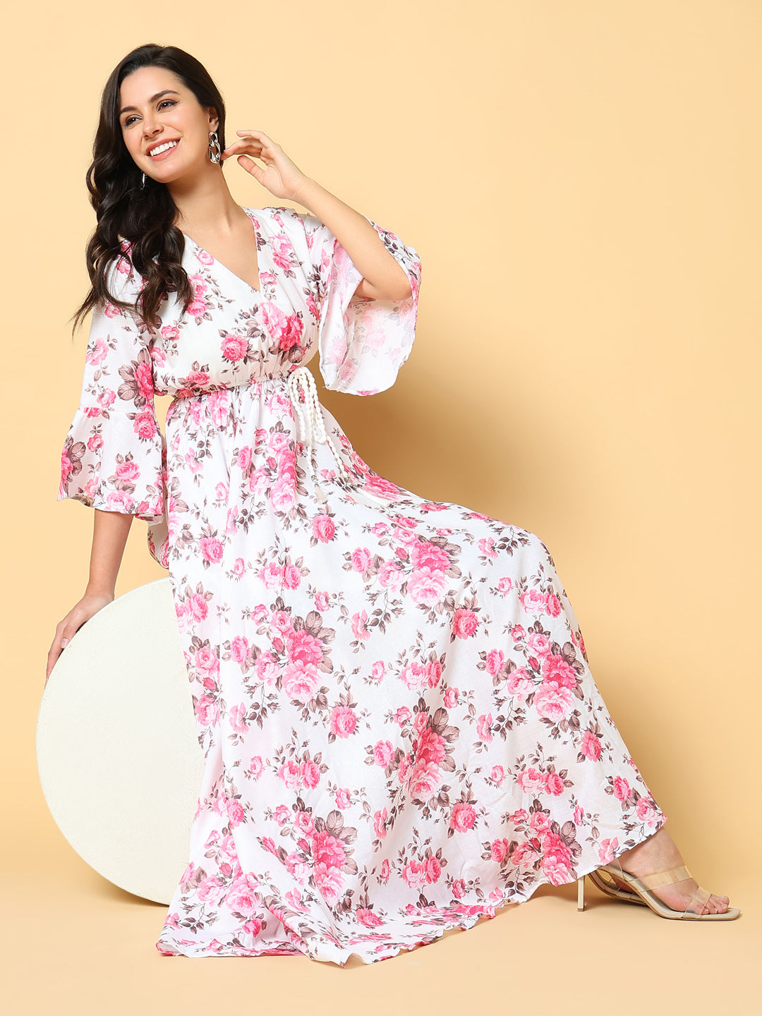 Women Printed Pink Fit and Flare Dress