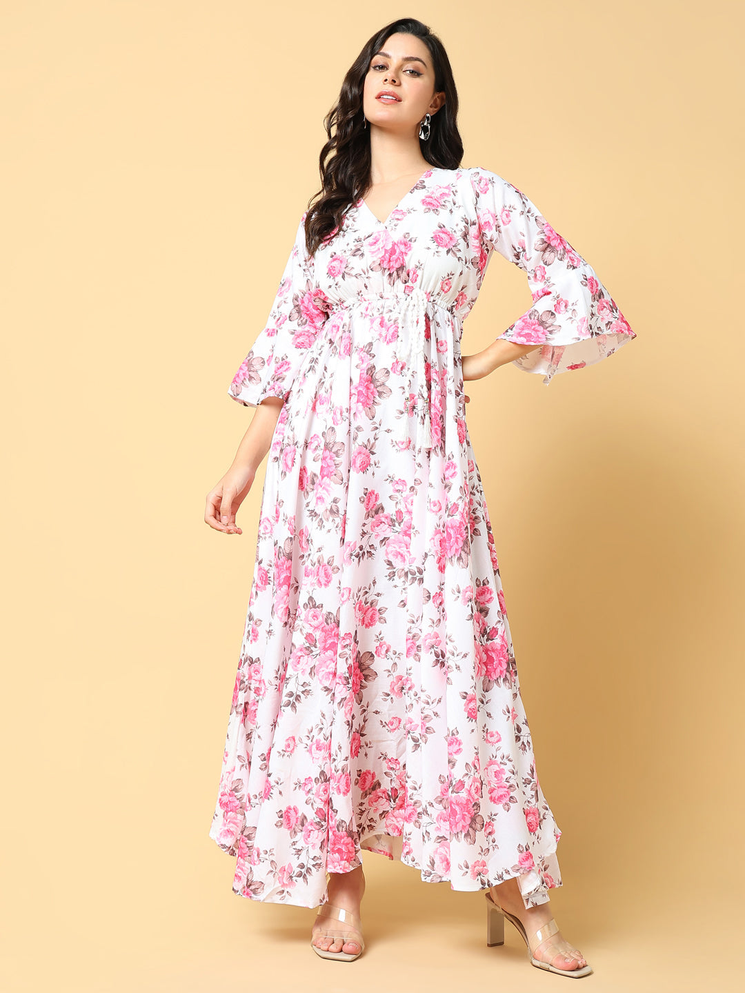 Women Printed Pink Fit and Flare Dress