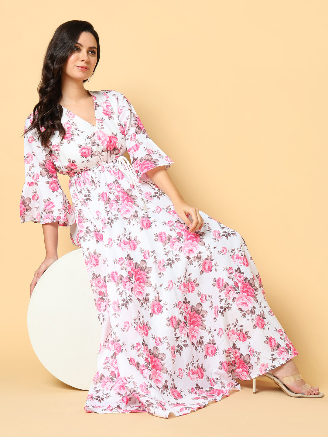 Women Printed Pink Fit and Flare Dress