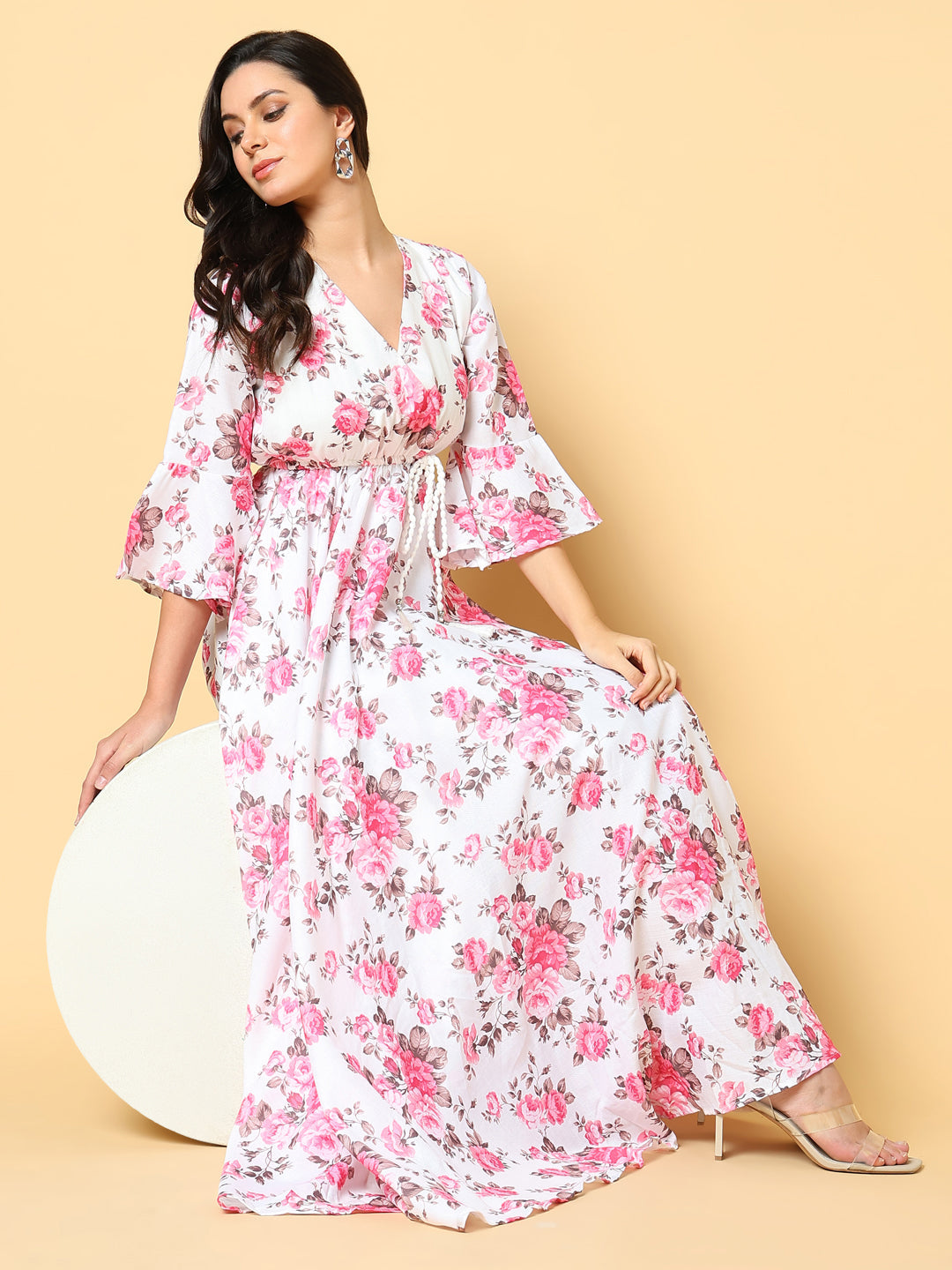 Women Printed Pink Fit and Flare Dress