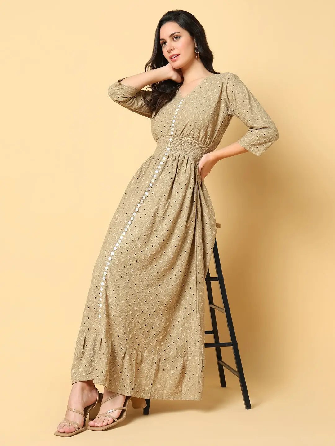 Shop Women's Beige Self Design Fit & Flare Maxi Dress| Showoffff Shop Women's Beige Self Design Fit & Flare Maxi Dress| Showoffff