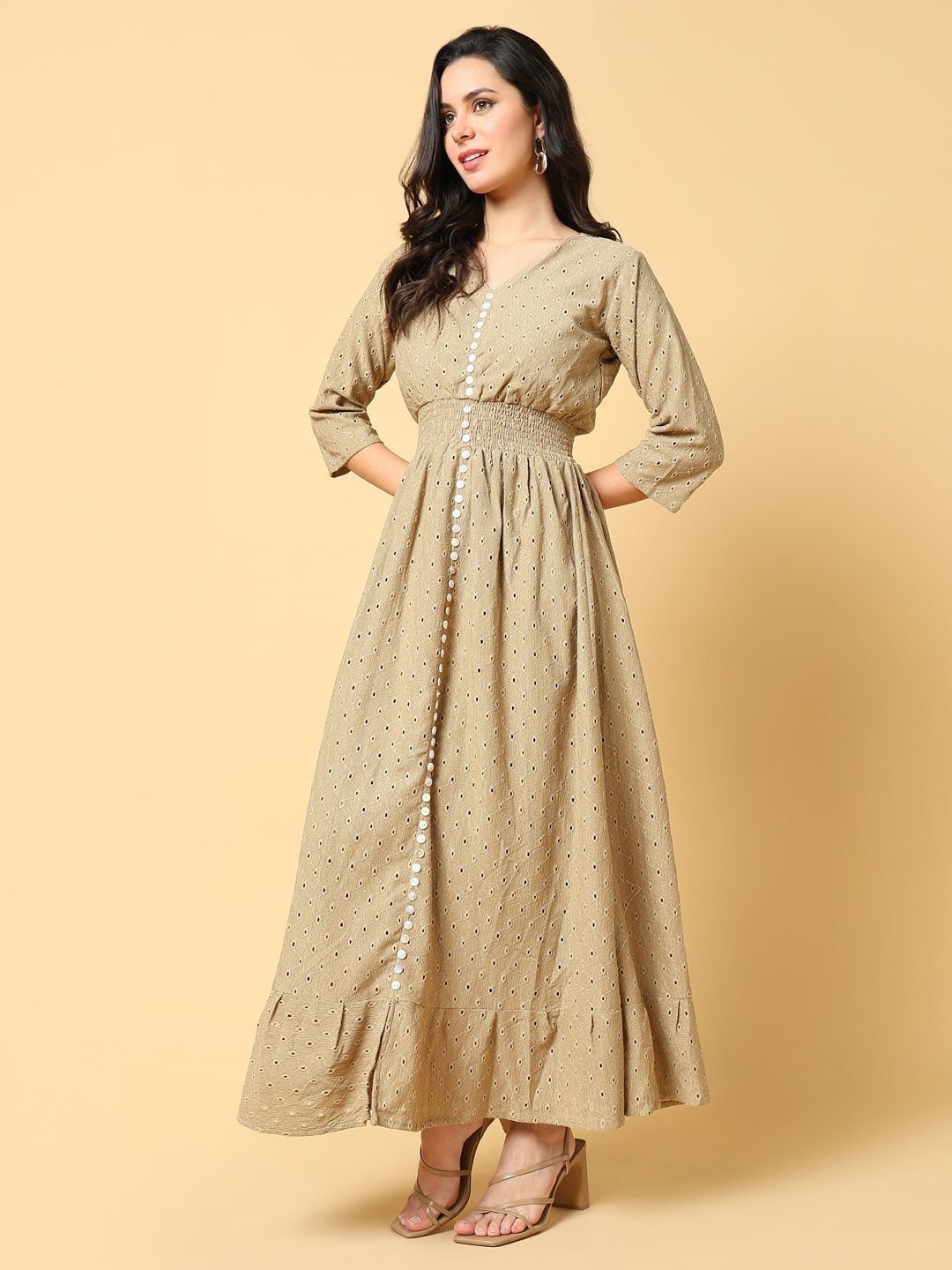 Women Solid Beige Fit and Flare Schiffli Dress