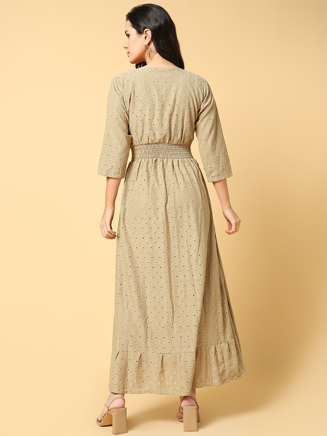 Women Solid Beige Fit and Flare Schiffli Dress