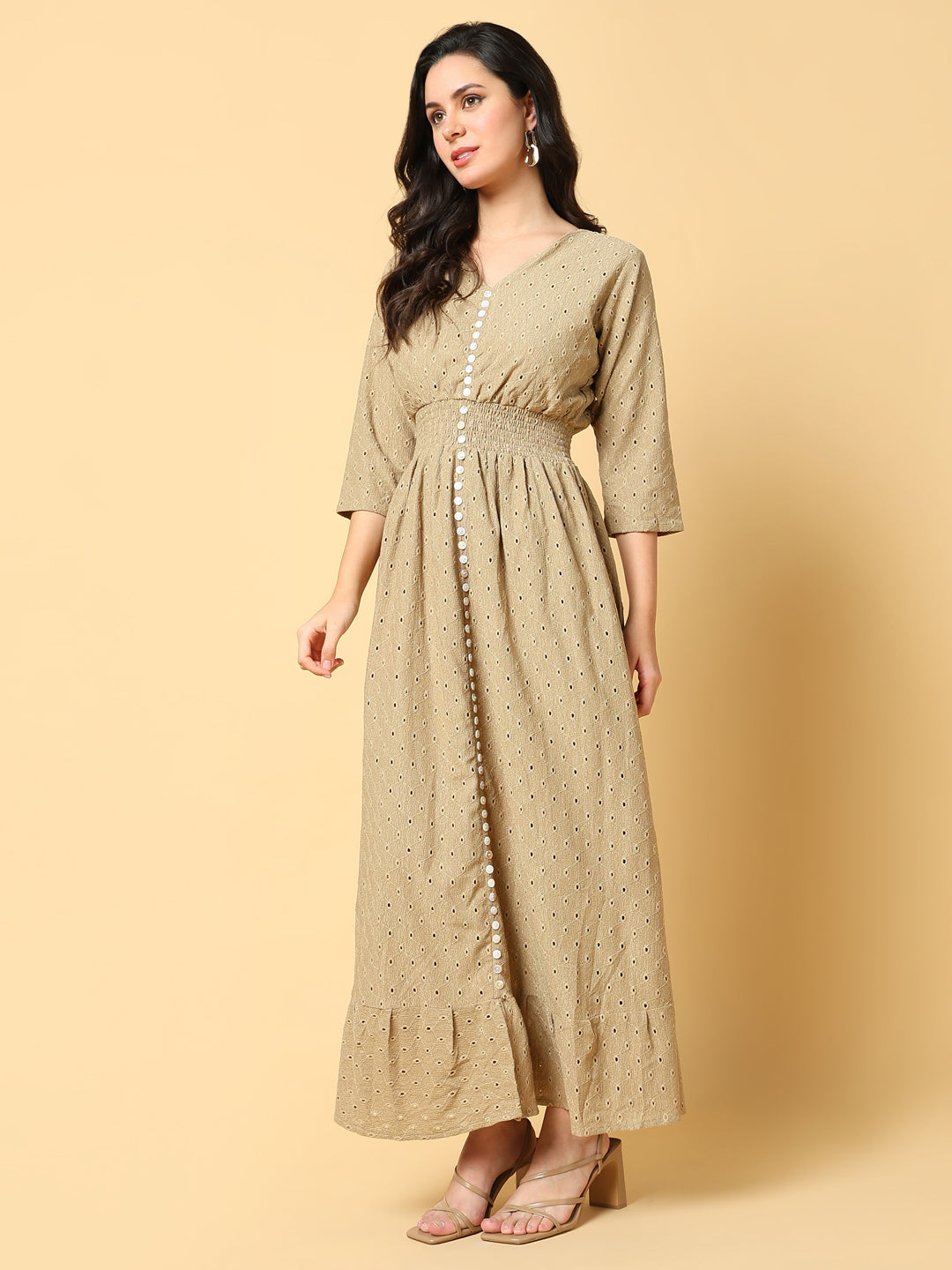 Women Solid Beige Fit and Flare Schiffli Dress