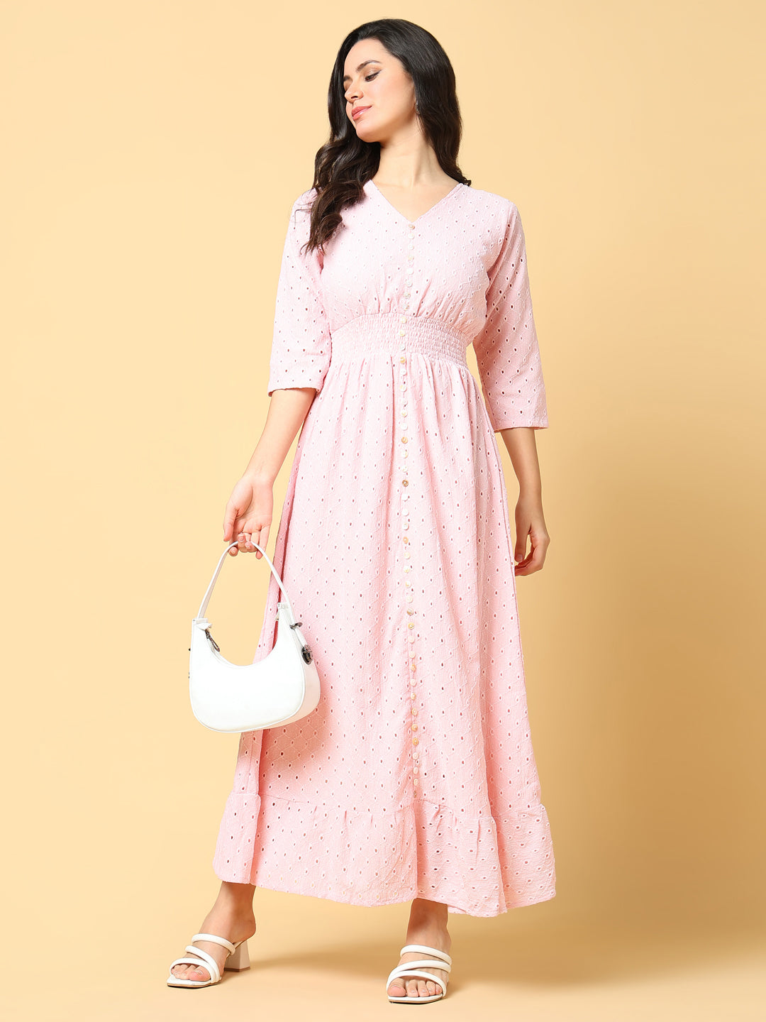 Women Solid Pink Fit and Flare Schiffli Dress