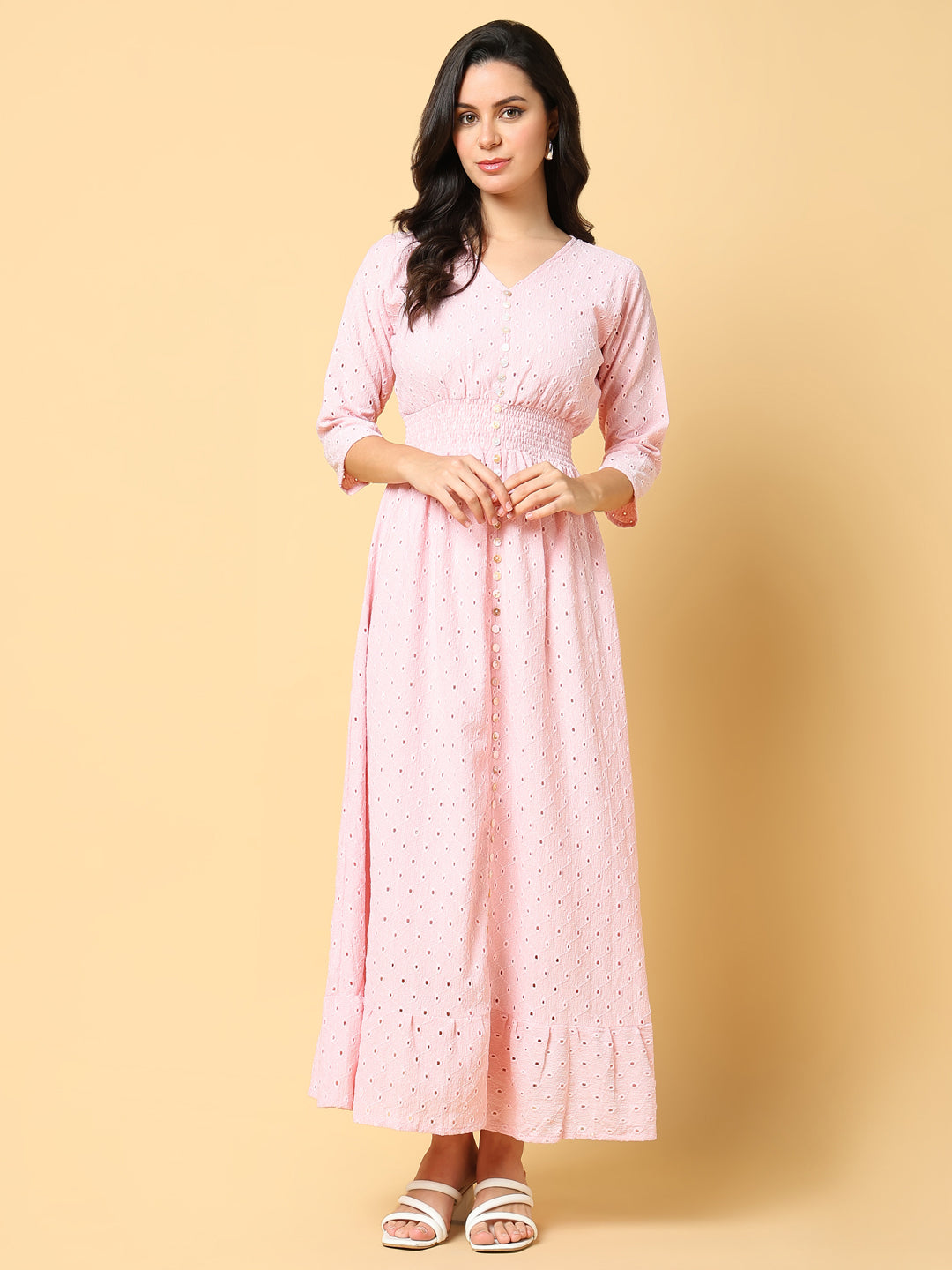 Women Solid Pink Fit and Flare Schiffli Dress