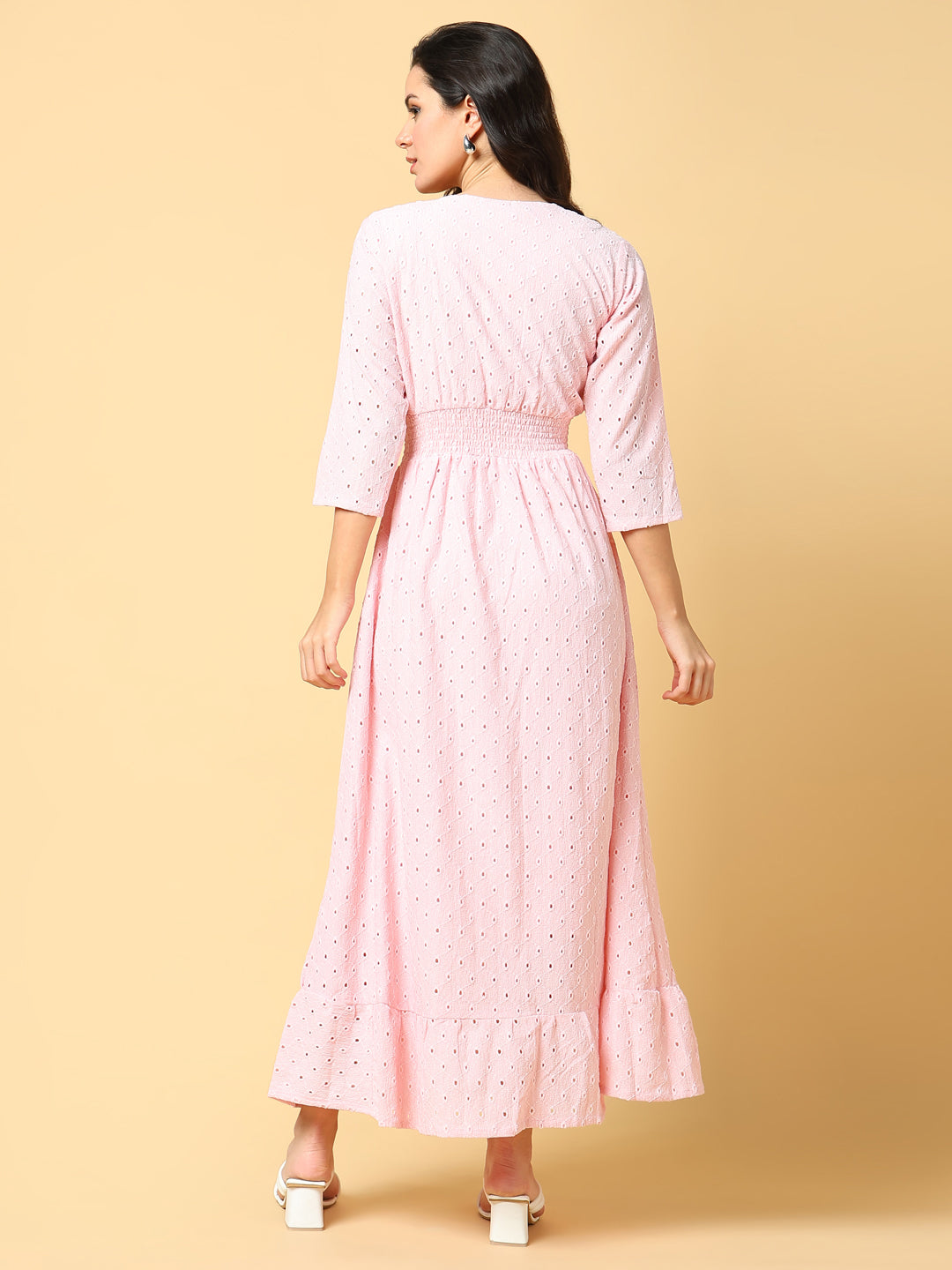 Women Solid Pink Fit and Flare Schiffli Dress