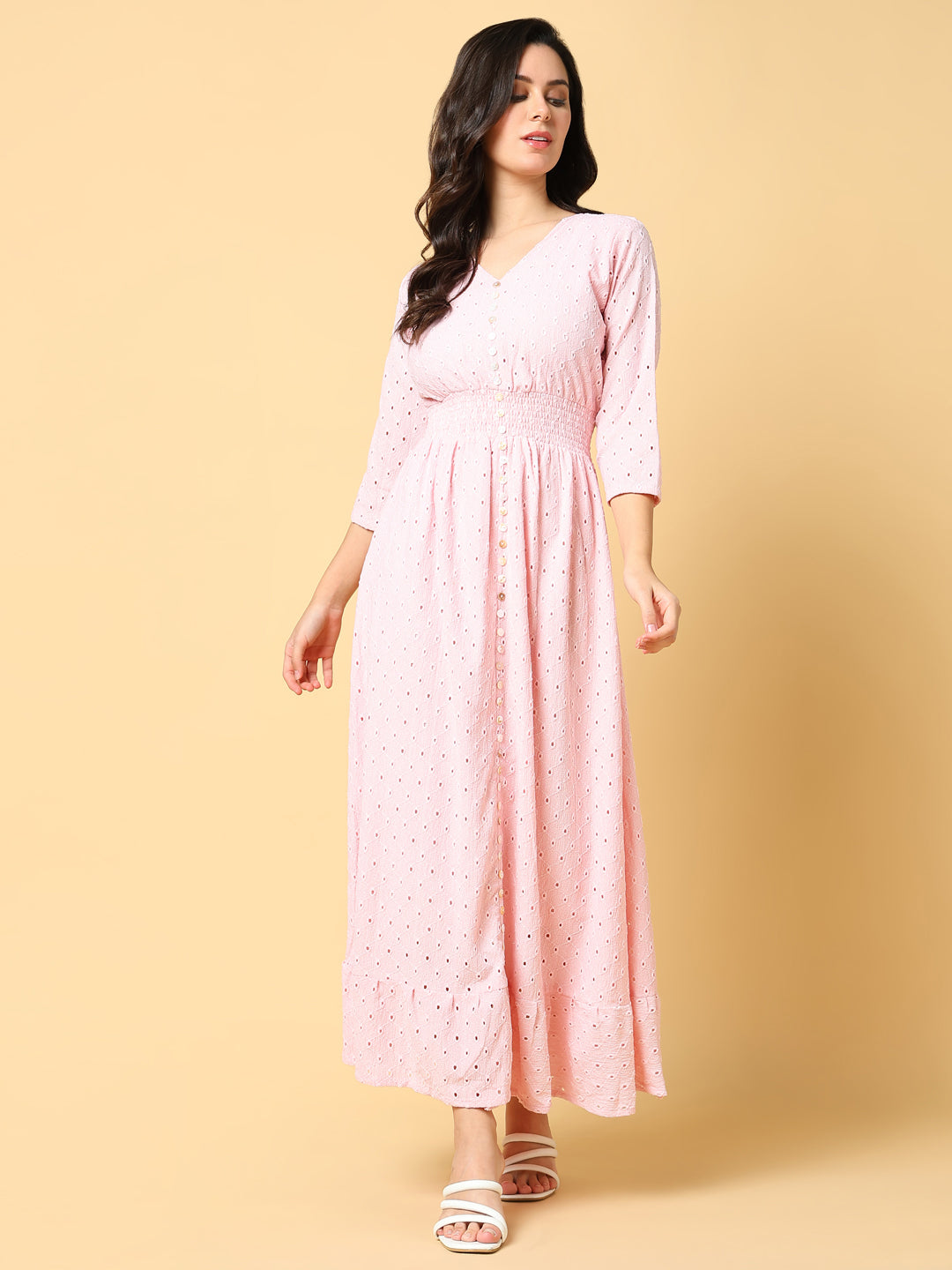 Women Solid Pink Fit and Flare Schiffli Dress