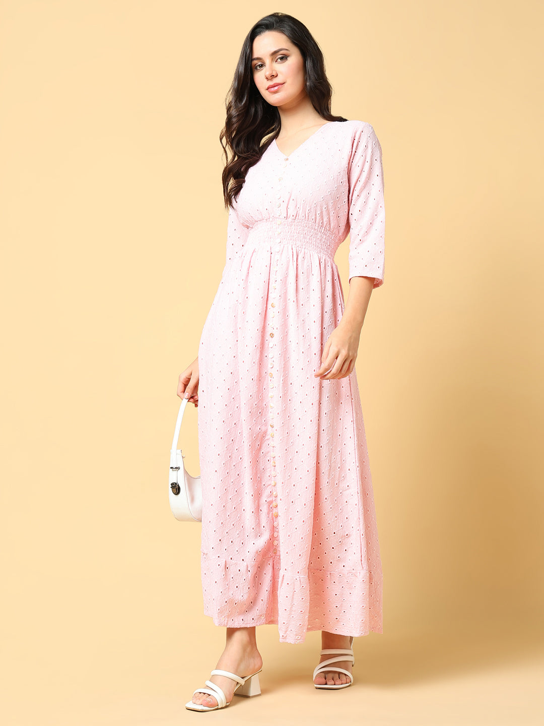 Women Solid Pink Fit and Flare Schiffli Dress