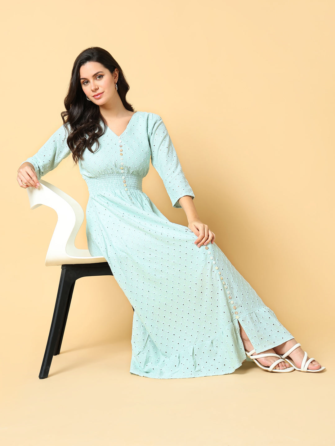 Women Solid Sea Green Fit and Flare Schiffli Dress