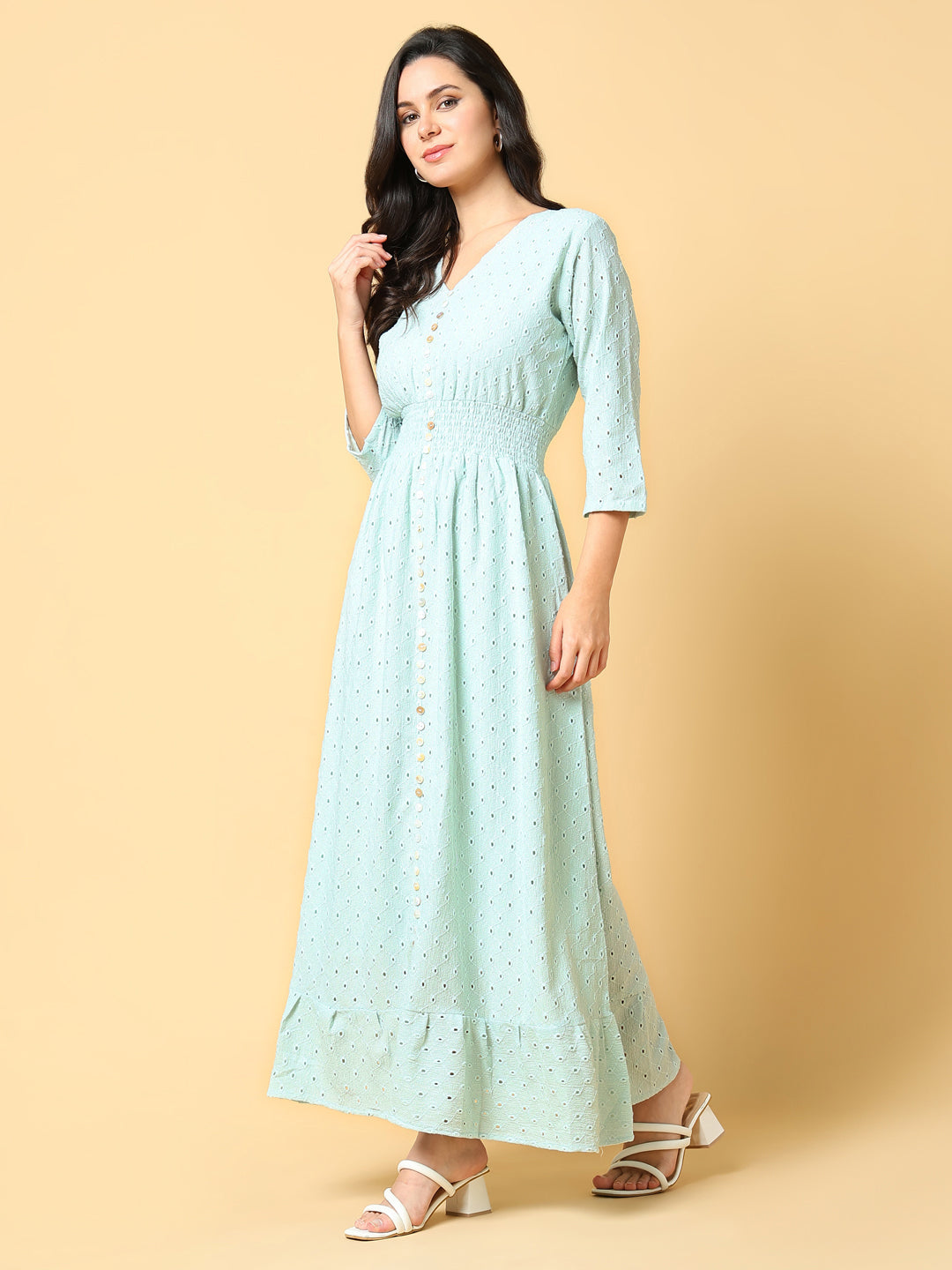 Women Solid Sea Green Fit and Flare Schiffli Dress