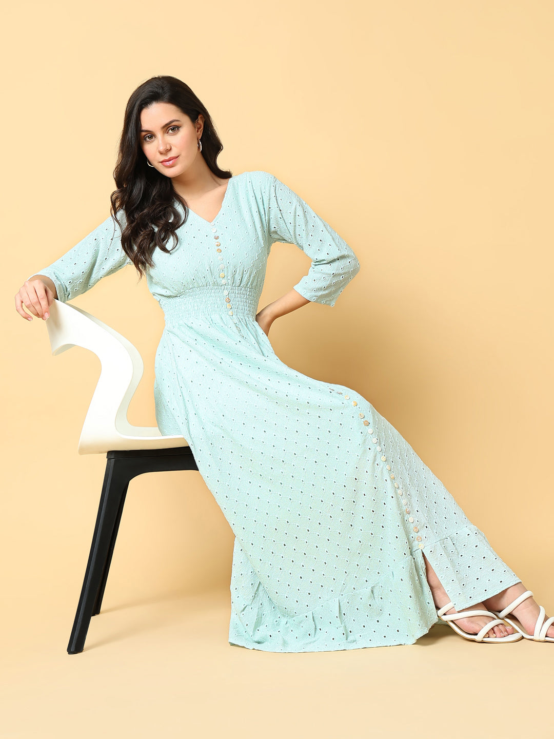 Women Solid Sea Green Fit and Flare Schiffli Dress