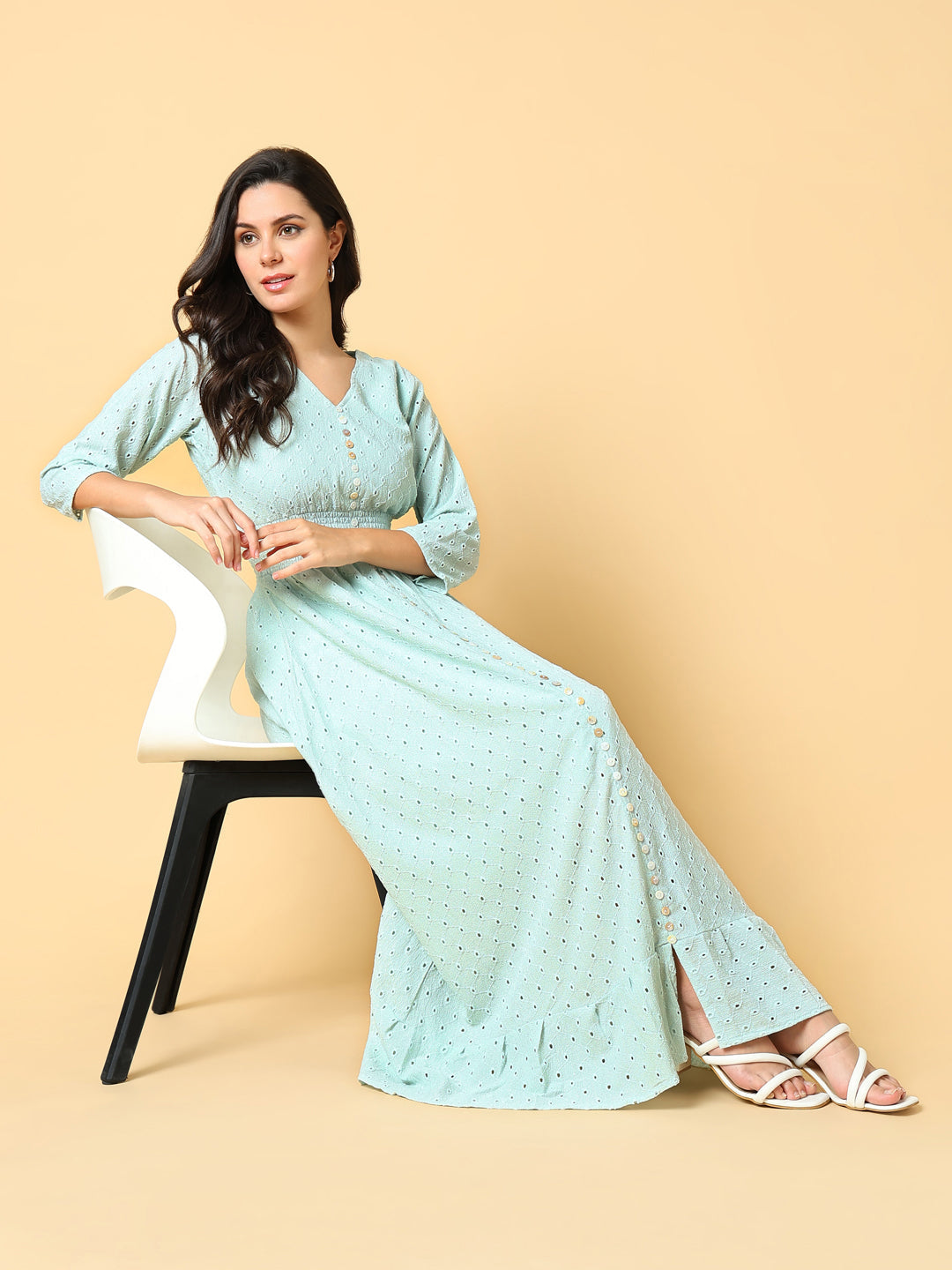 Women Solid Sea Green Fit and Flare Schiffli Dress