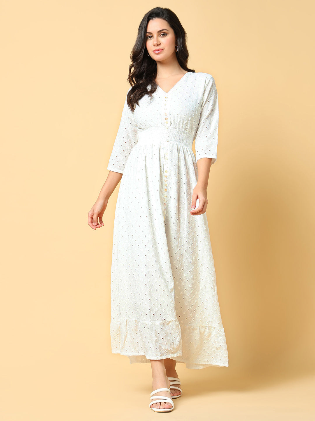 Women Solid White Fit and Flare Schiffli Dress