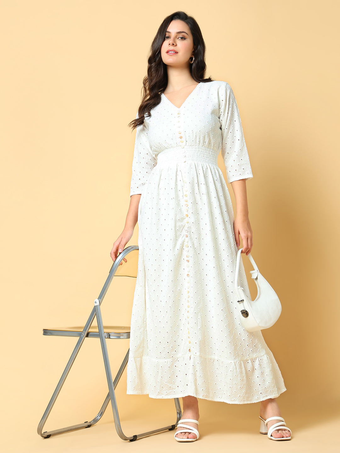 Women Solid White Fit and Flare Schiffli Dress