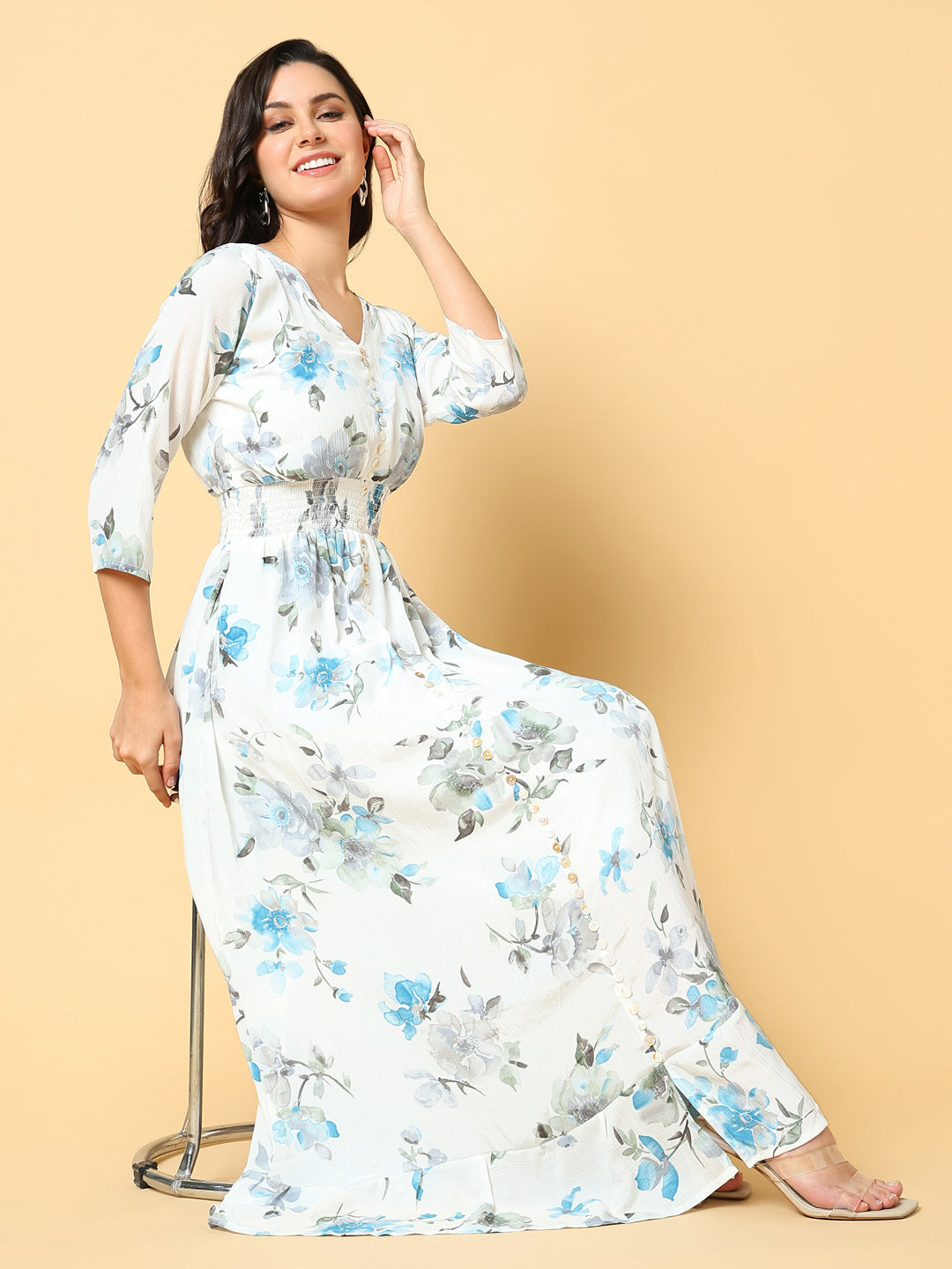 Women Printed Blue Fit and Flare Dress