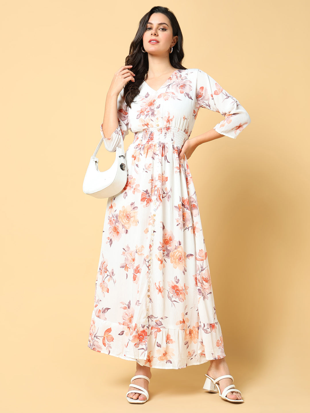 Women Printed Peach Fit and Flare Dress