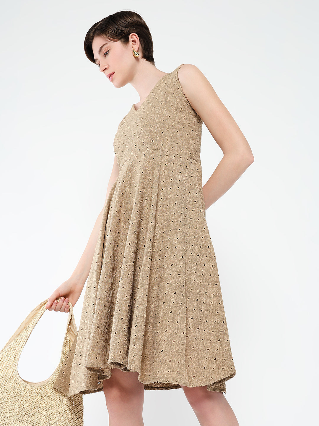 Women Embroidered Brown Fit and Flare Dress