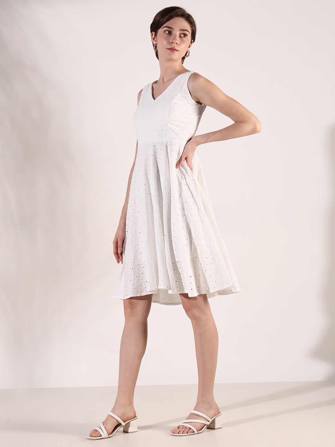 Women White Solid Fit and Flare Dress