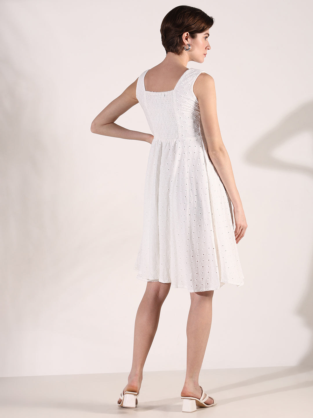 Women White Solid Fit and Flare Dress