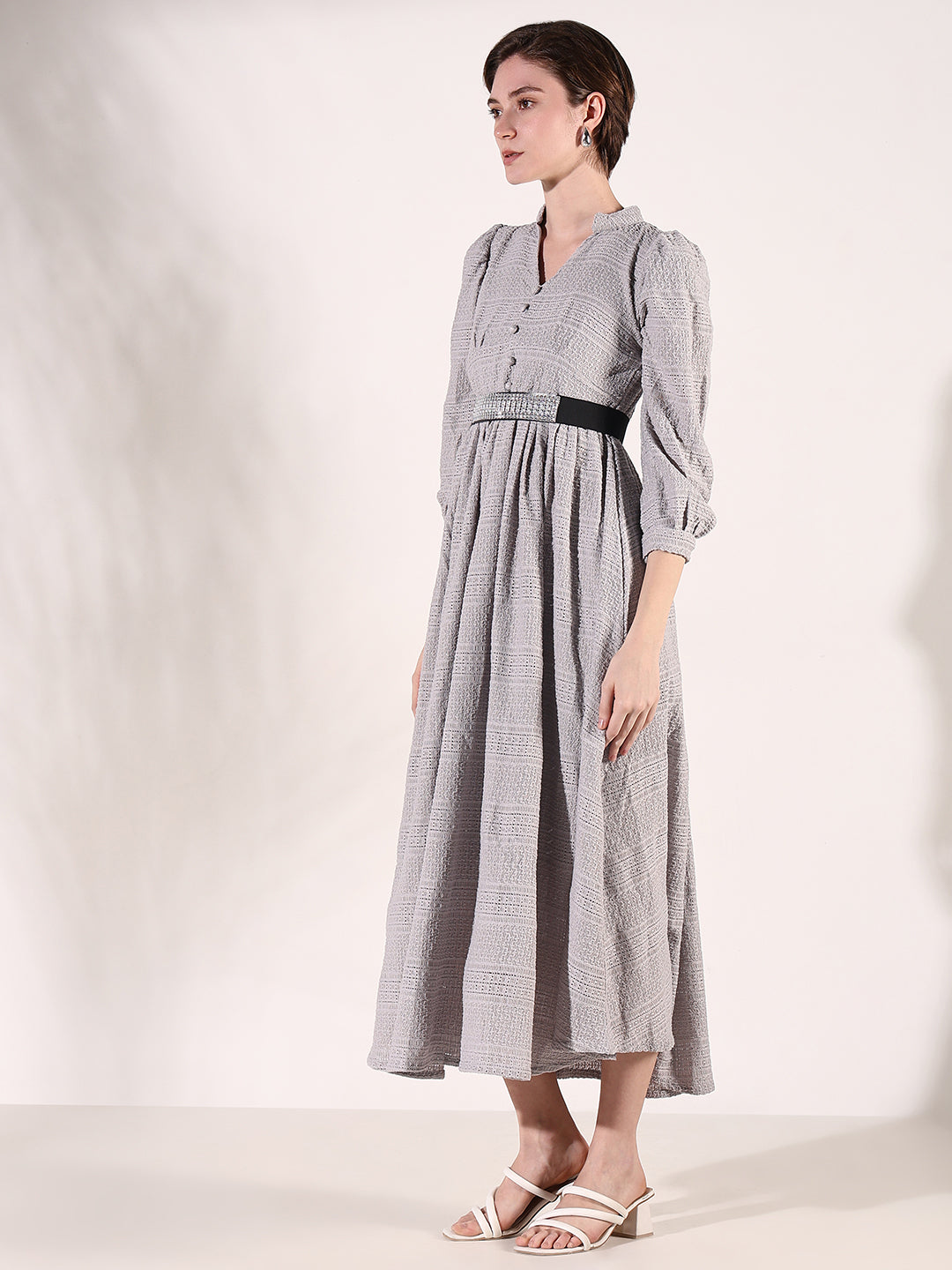 Women Grey Solid Fit and Flare Dress with Belt