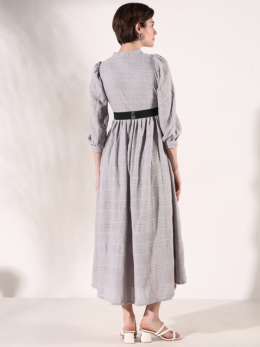 Women Grey Solid Fit and Flare Dress with Belt