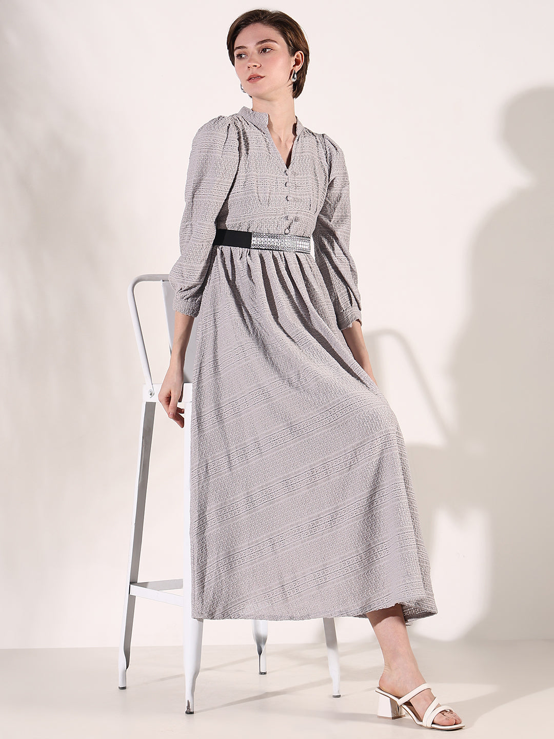 Women Grey Solid Fit and Flare Dress with Belt