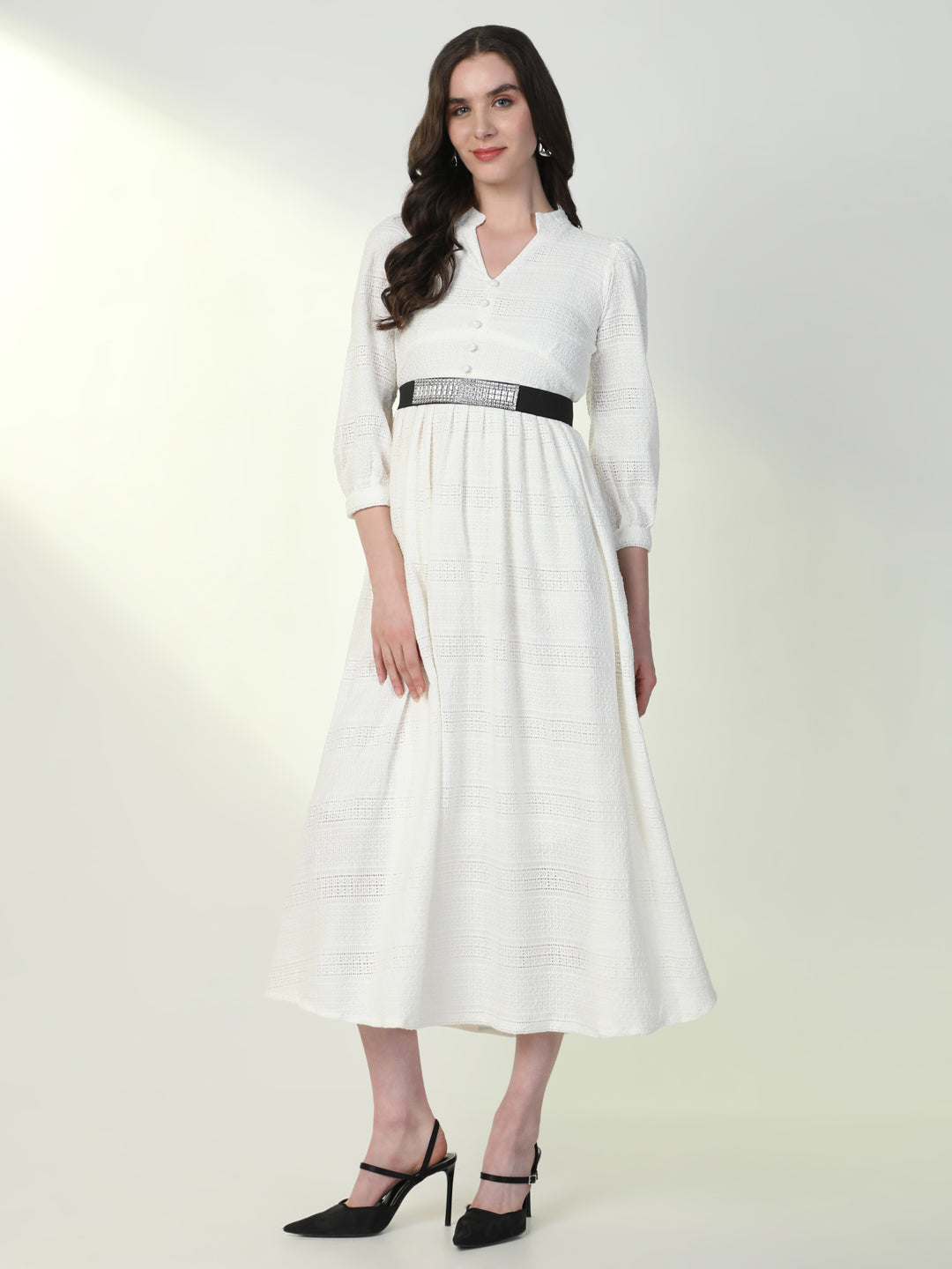 Women Solid White Flared Dress with Belt