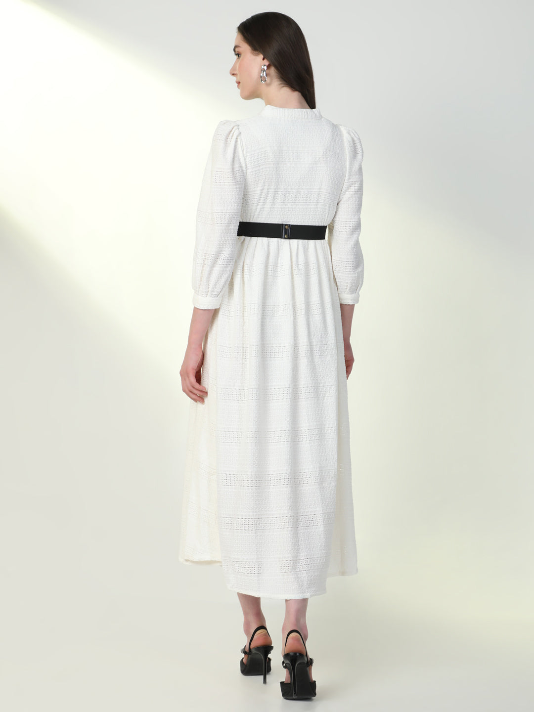 Women Solid White Flared Dress with Belt