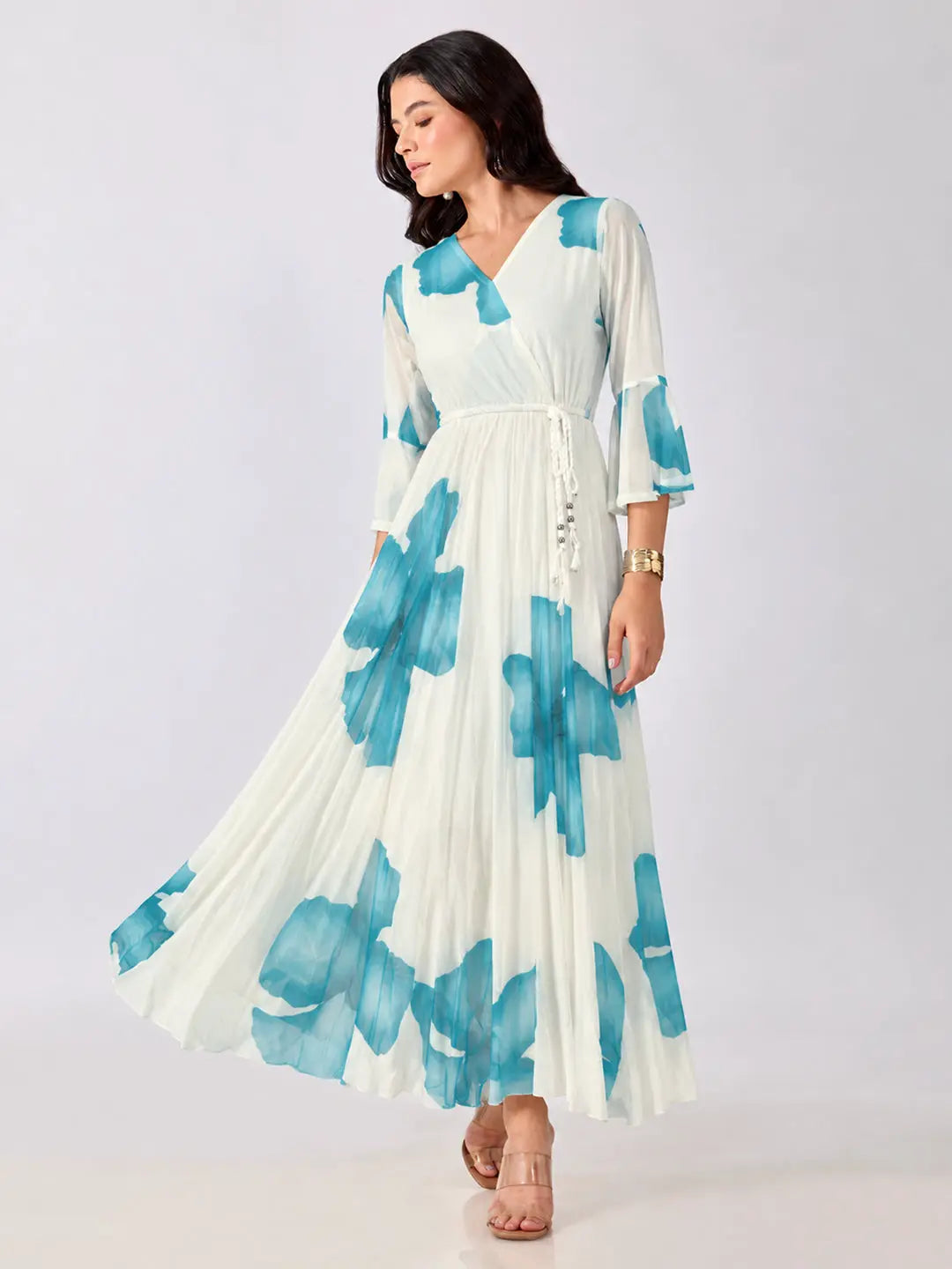 Women's Blue Floral Printed Fit & Flare Maxi Dress with Tie Up Waist