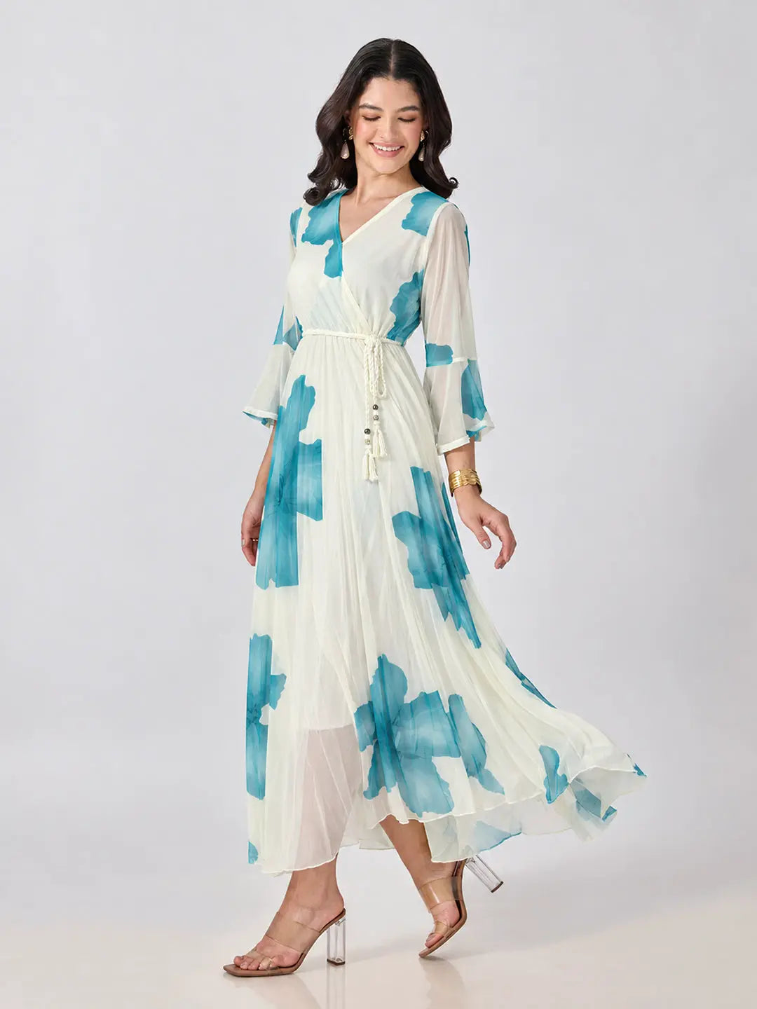 Women's Blue Floral Printed Fit & Flare Maxi Dress with Tie Up Waist