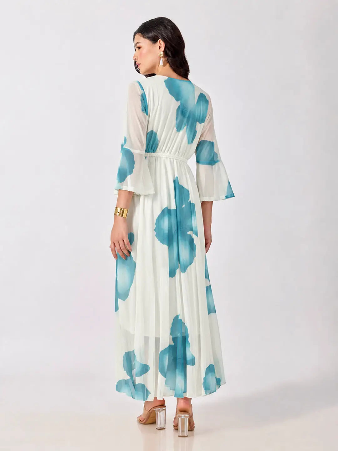 Women's Blue Floral Printed Fit & Flare Maxi Dress with Tie Up Waist