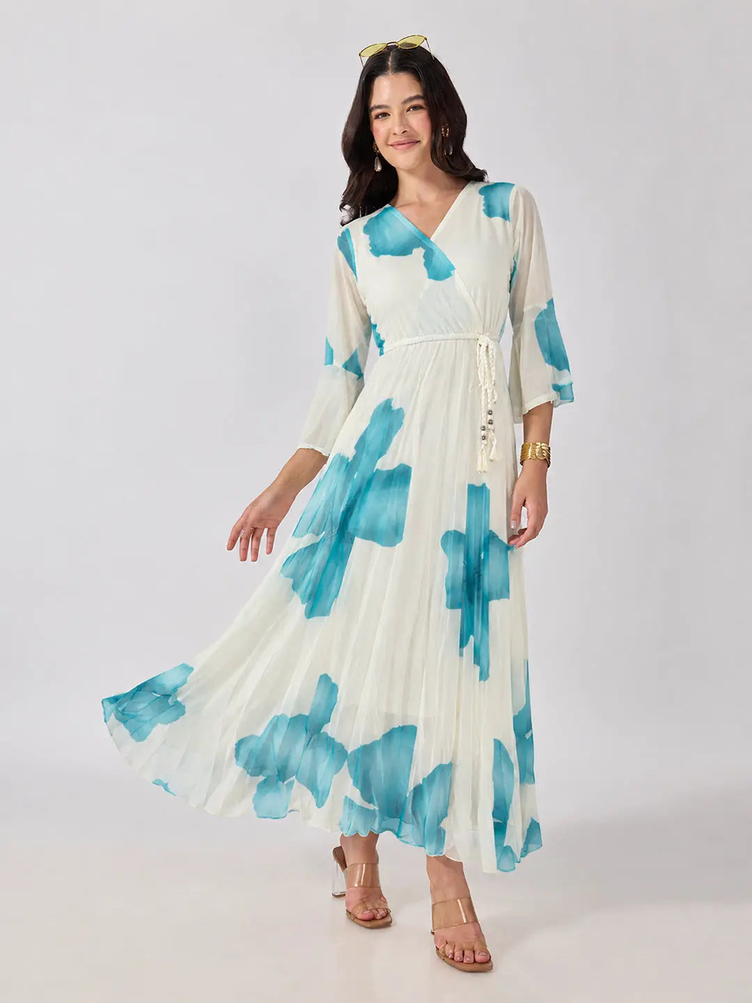Women's Blue Floral Printed Fit & Flare Maxi Dress with Tie Up Waist
