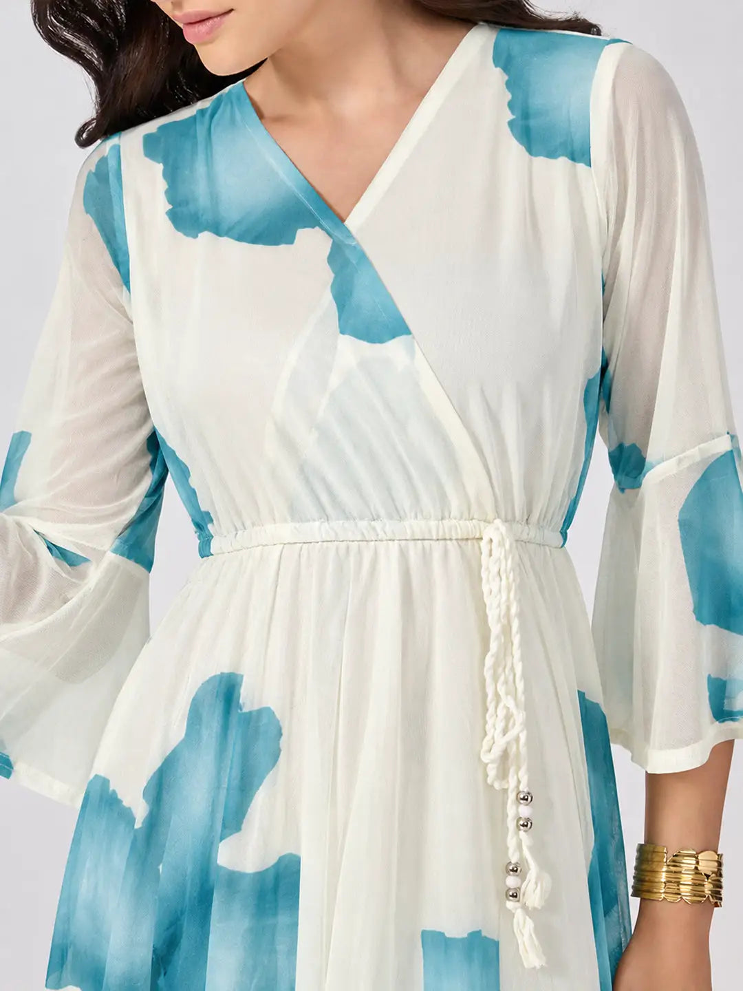 Women's Blue Floral Printed Fit & Flare Maxi Dress with Tie Up Waist