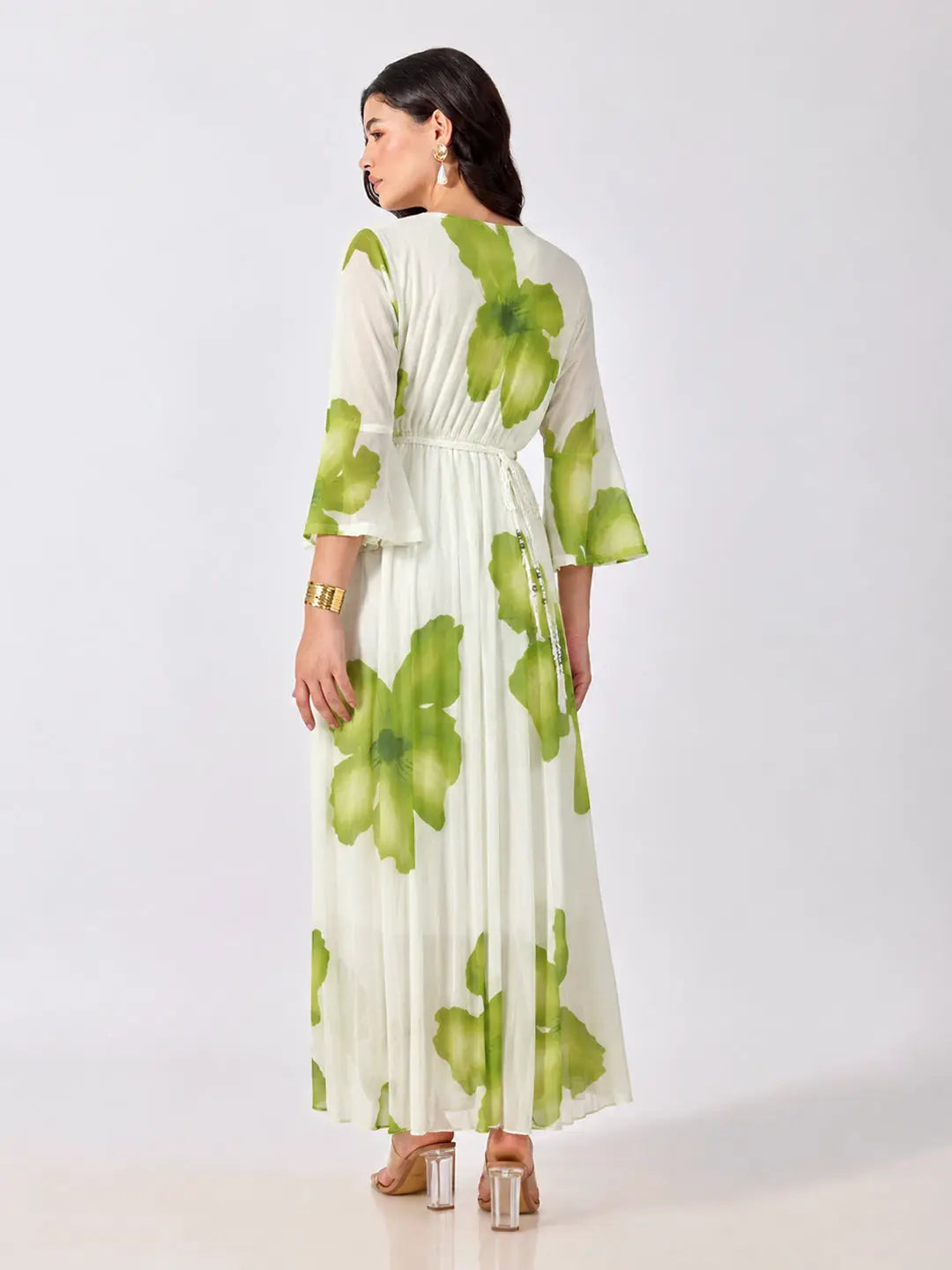 Women's Green Floral Printed Fit & Flare Maxi Dress with Tie Up Waist