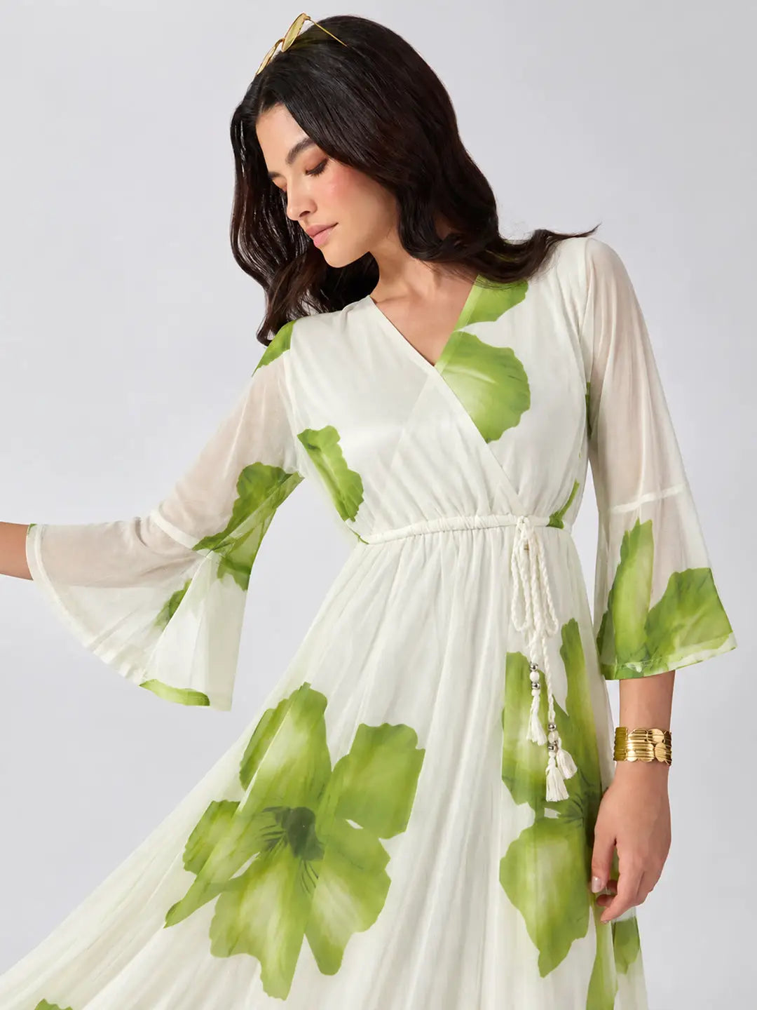 Women's Green Floral Printed Fit & Flare Maxi Dress with Tie Up Waist