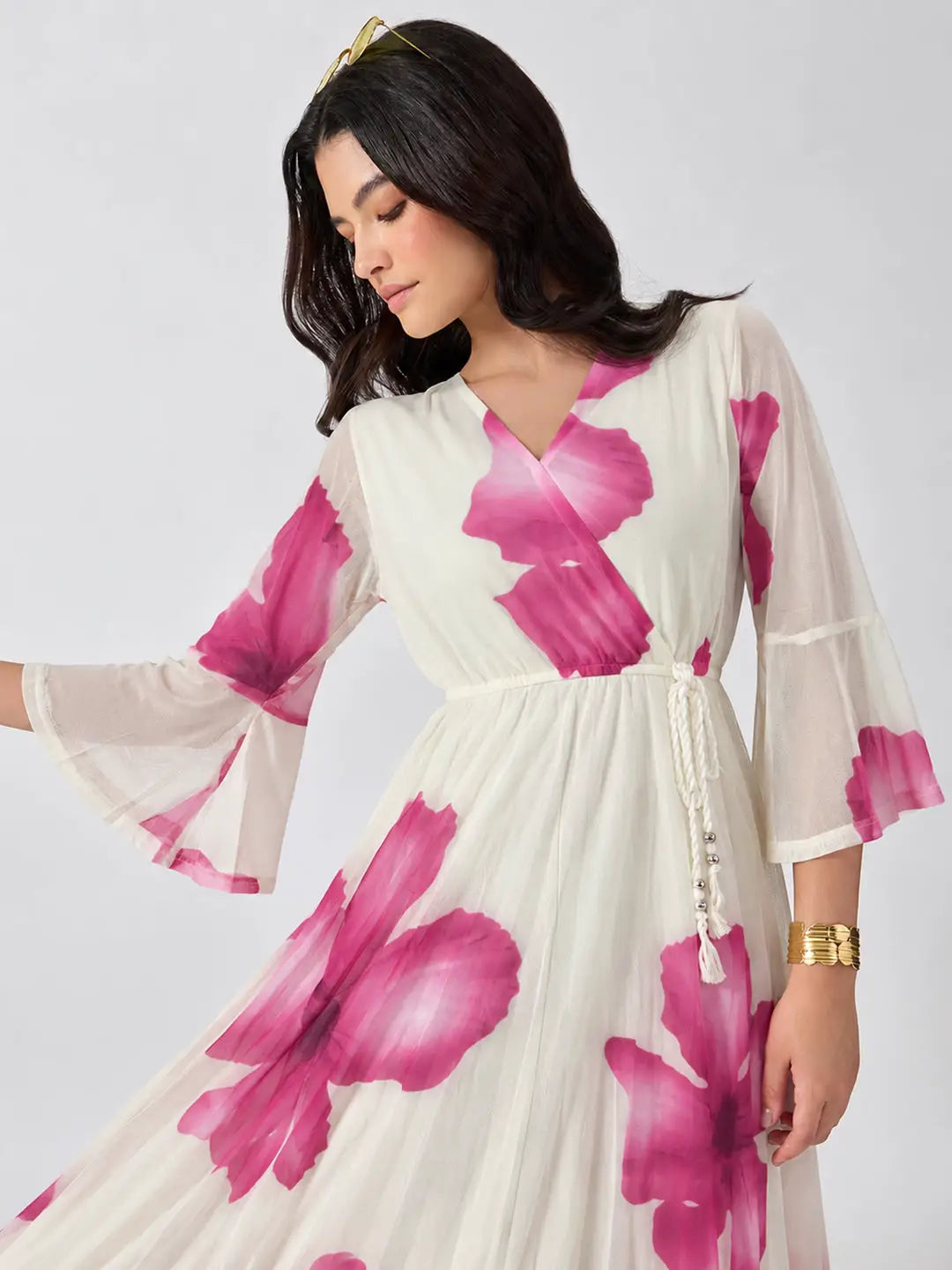 Women's Pink Floral Printed Fit & Flare Maxi Dress with Tie Up Waist