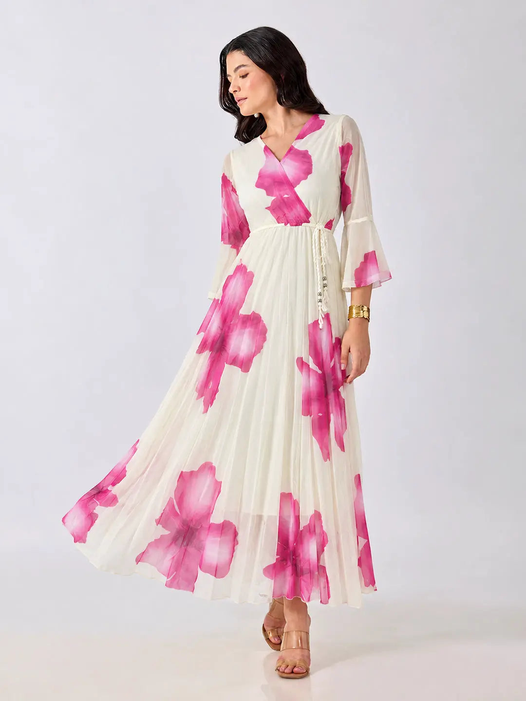 Women's Pink Floral Printed Fit & Flare Maxi Dress with Tie Up Waist