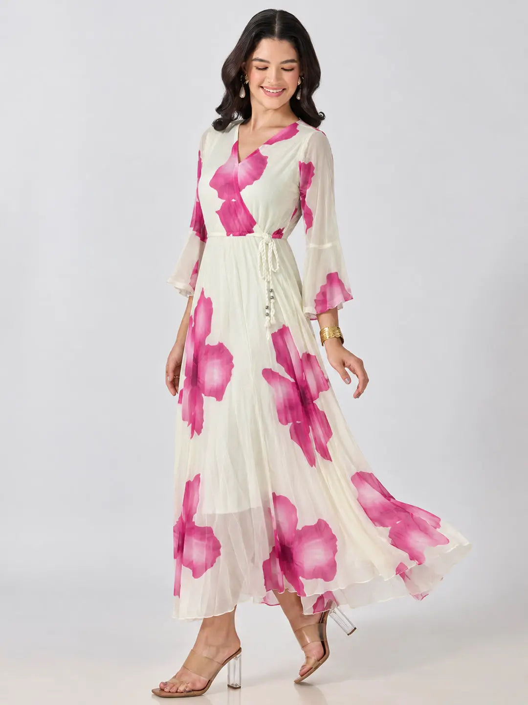Women's Pink Floral Printed Fit & Flare Maxi Dress with Tie Up Waist