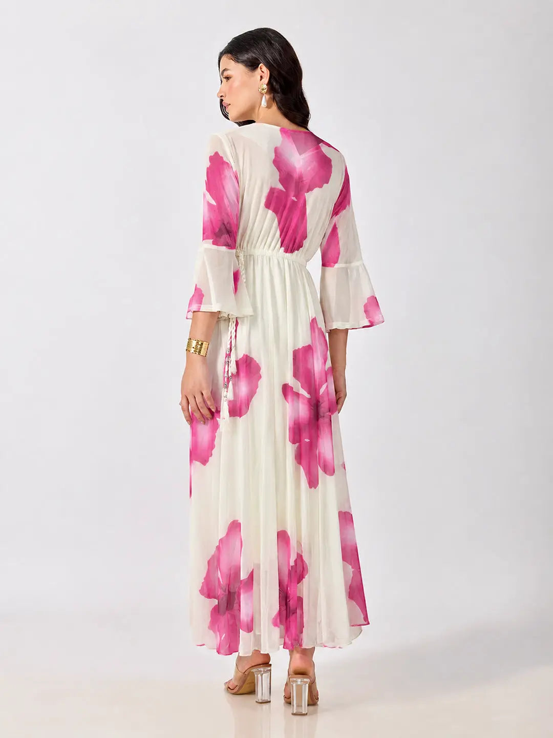 Women's Pink Floral Printed Fit & Flare Maxi Dress with Tie Up Waist
